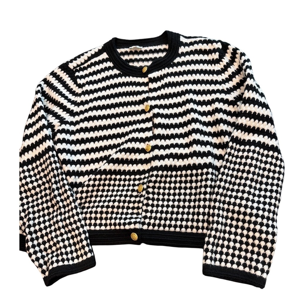 Talbots Womens XL Black White Striped Houndstooth Gold Button Cardigan Sweater